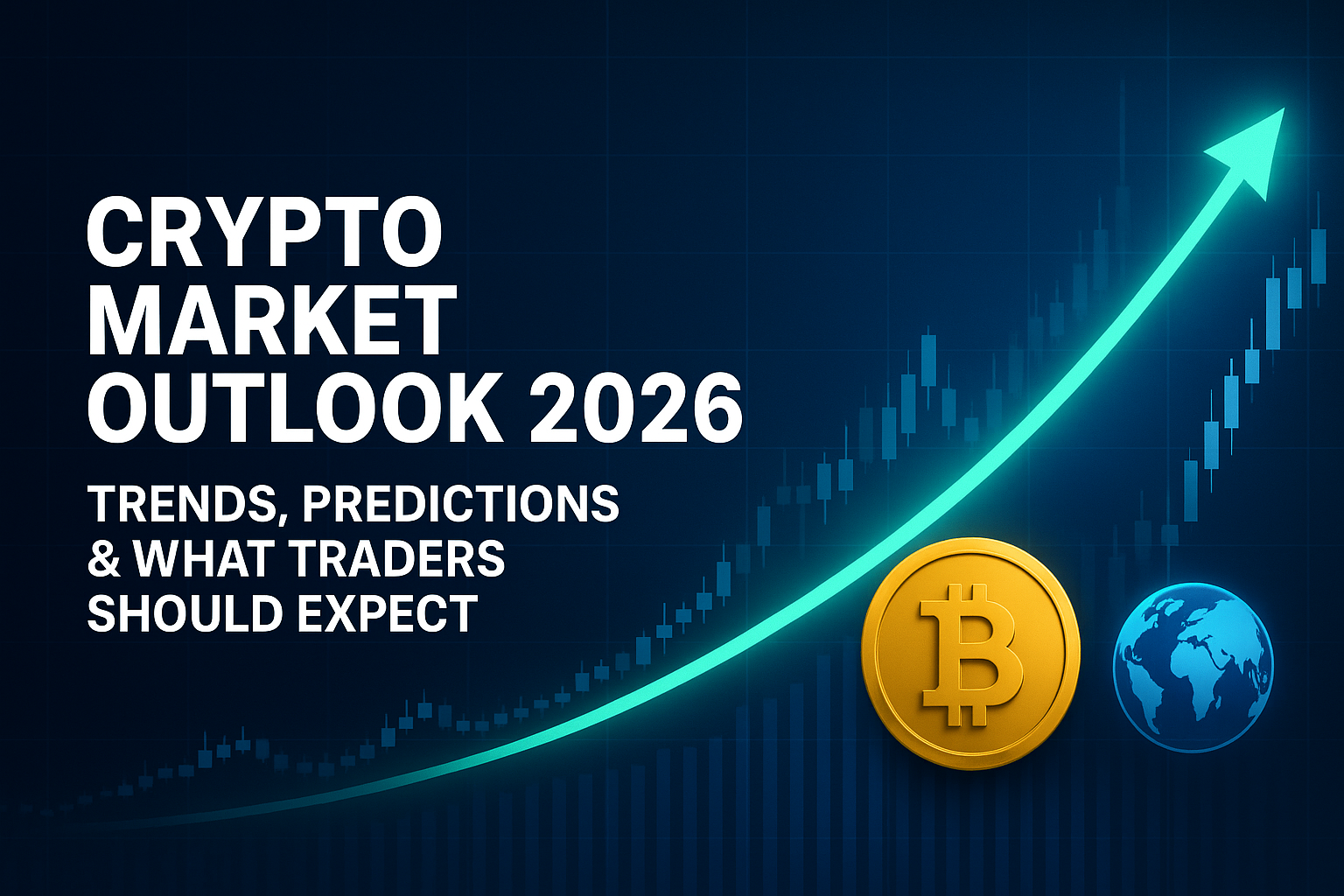 Crypto Market Outlook 2026 banner showing an upward financial chart, glowing green arrow, Bitcoin icon, and a world symbol on a dark blue background.