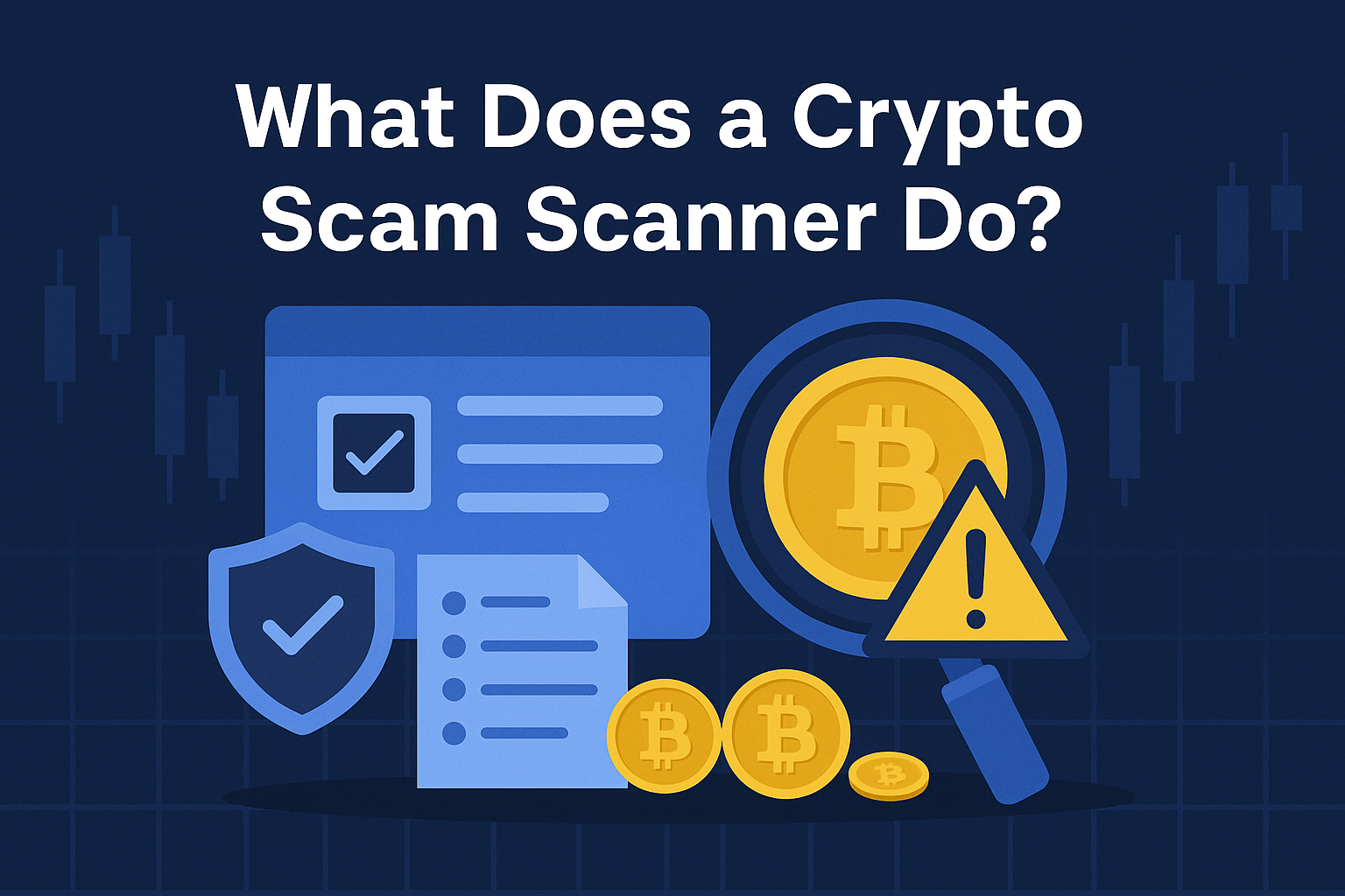 Illustration showing a crypto scam scanner analyzing a Bitcoin token with a magnifying glass, warning symbol, and safety icons on a dark blue chart background.