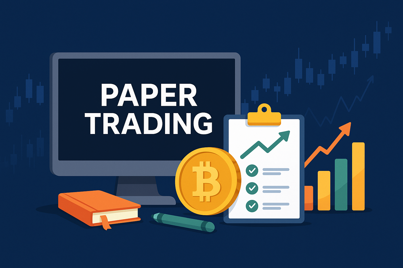 A horizontal digital illustration showing a computer screen labeled Paper Trading, a Bitcoin coin, a clipboard with upward trend charts, and bar graphs on a dark blue financial background.
